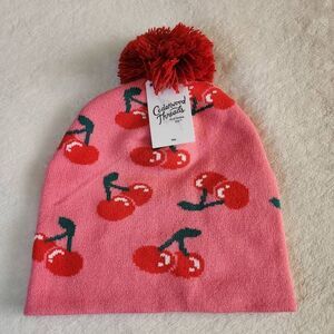 Cedarwood Threads Kids Knit Beanie Pink with Red Cherries and Pom Pom